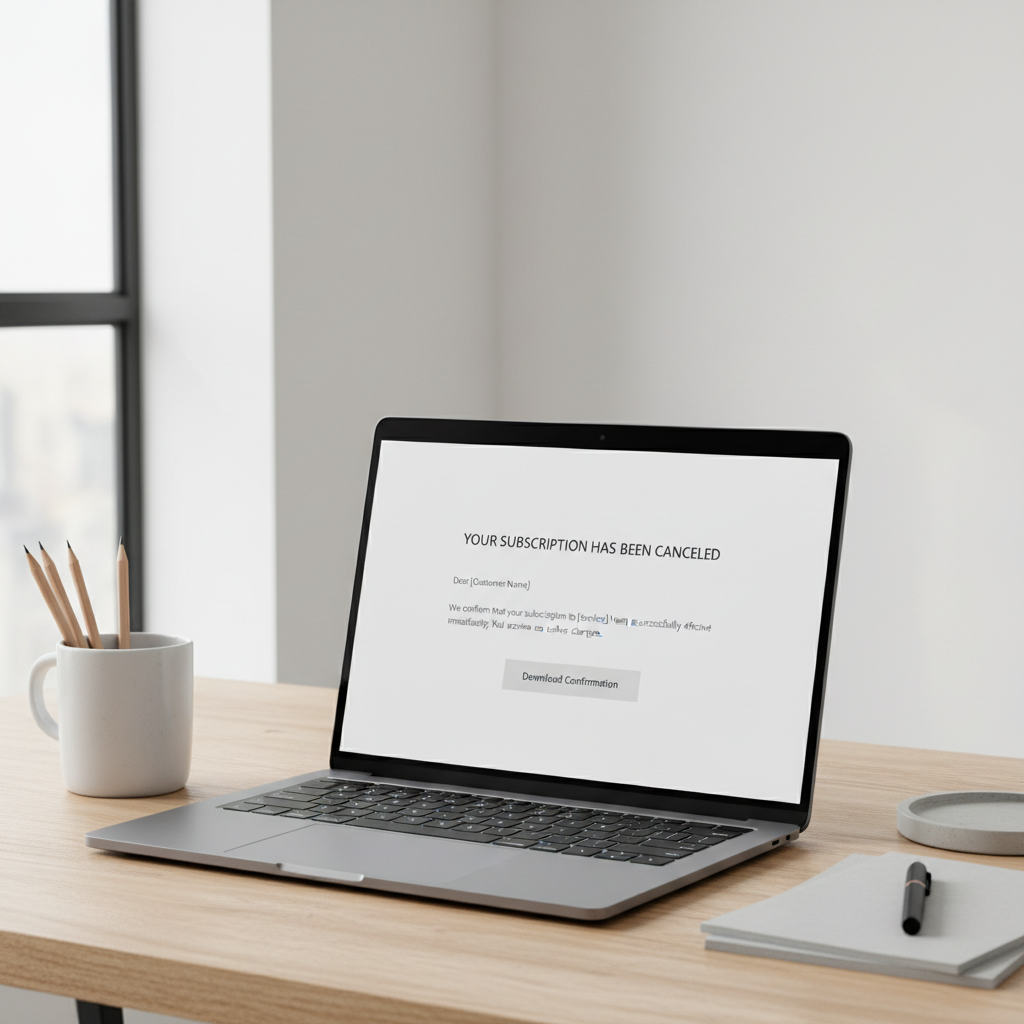 Laptop med opsigelsesmail og abonnementsbekræftelse på skærm
