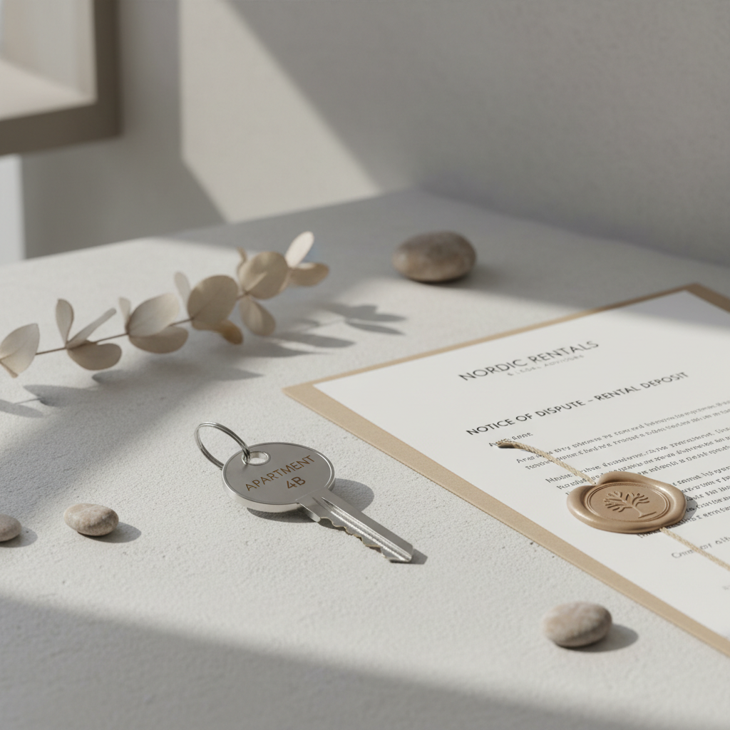 Person gennemgår fraflytningsopgørelse og dokumenter ved et nordisk skrivebord