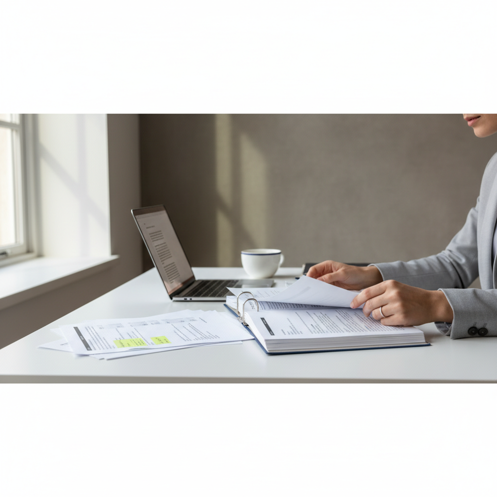 Person gennemgår dokumenter og korrespondance ved et nordisk skrivebord med papirer og laptop