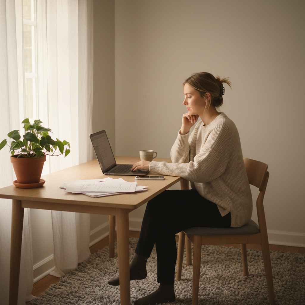 Person arbejder koncentreret ved laptop i et roligt, moderne arbejdsmiljø