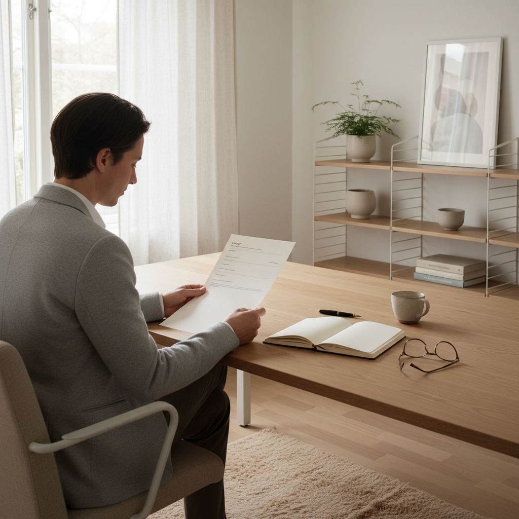 Person gennemgår et betalingskrav eller faktura ved et nordisk skrivebord