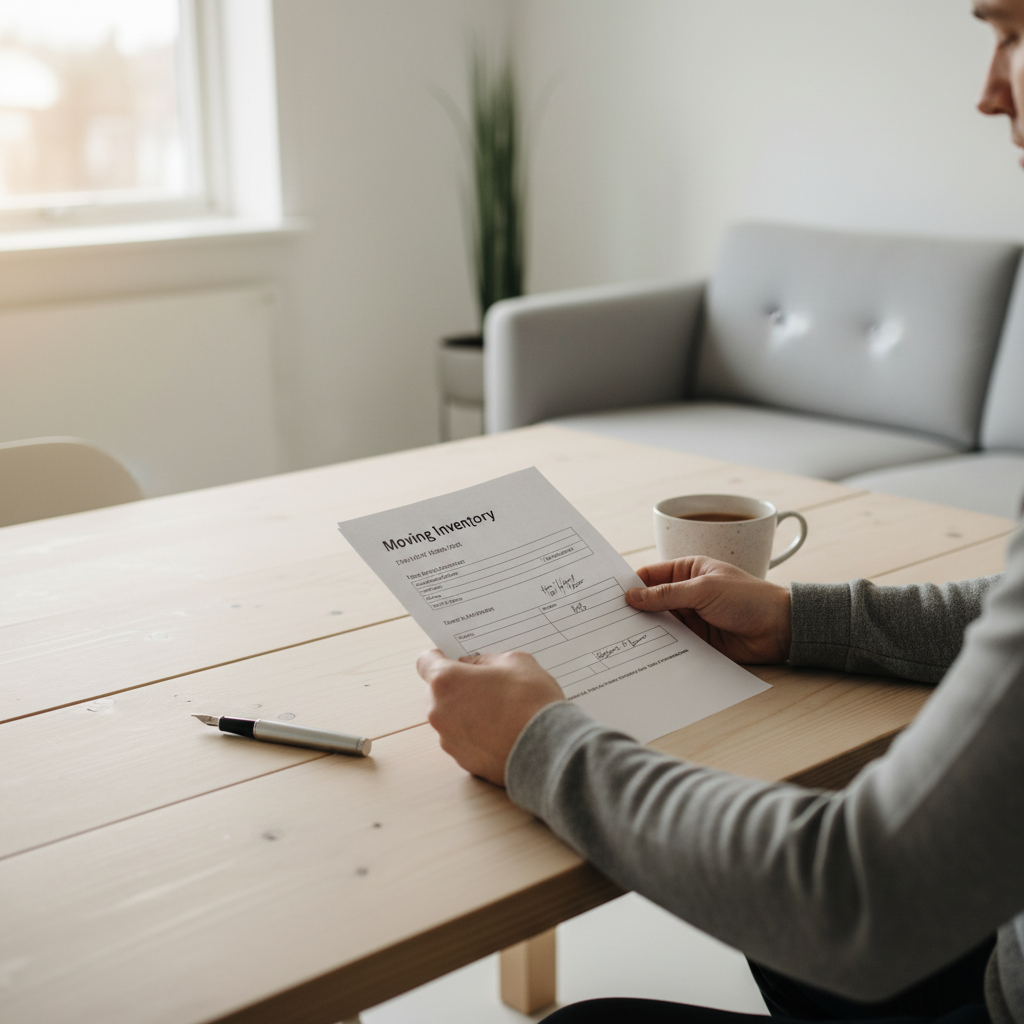Person gennemgår fraflytningsopgørelse og dokumenter ved et nordisk skrivebord
