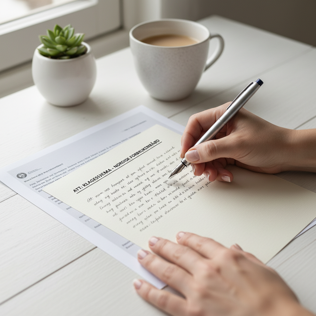 Person skriver klage eller indsigelse på papir ved et nordisk skrivebord