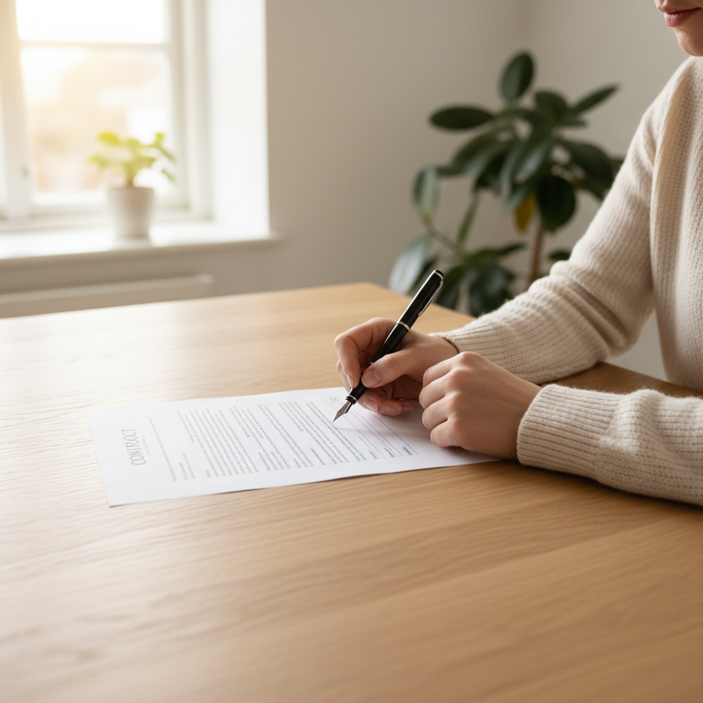 Person læser kontrakt omhyggeligt ved et nordisk skrivebord med pen i hånden