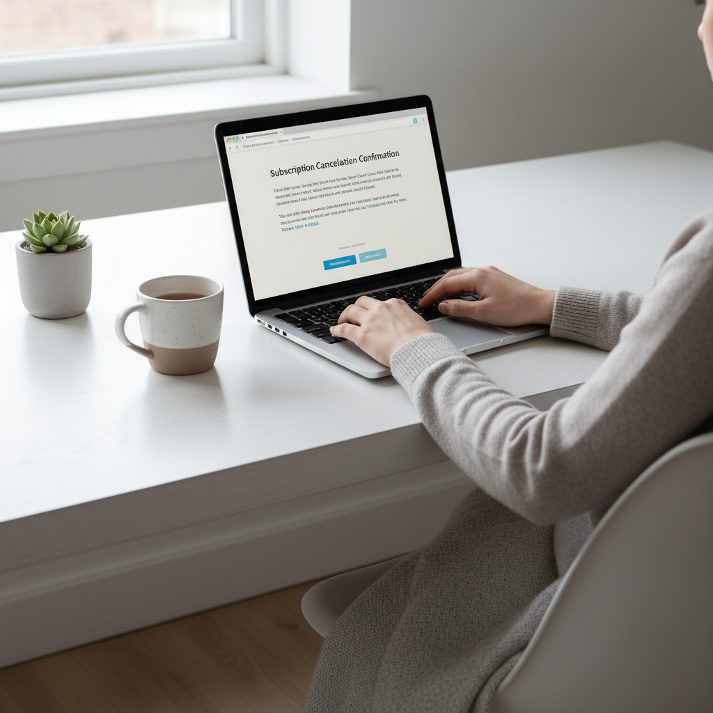 Person skriver opsigelse på laptop ved et nordisk skrivebord