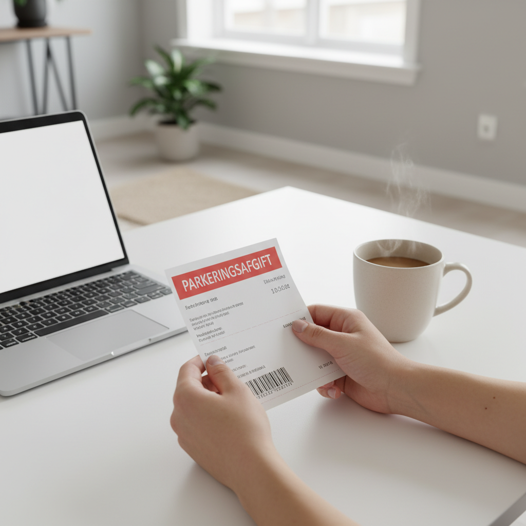 Person holder parkeringsafgift ved et nordisk skrivebord med laptop og kaffe
